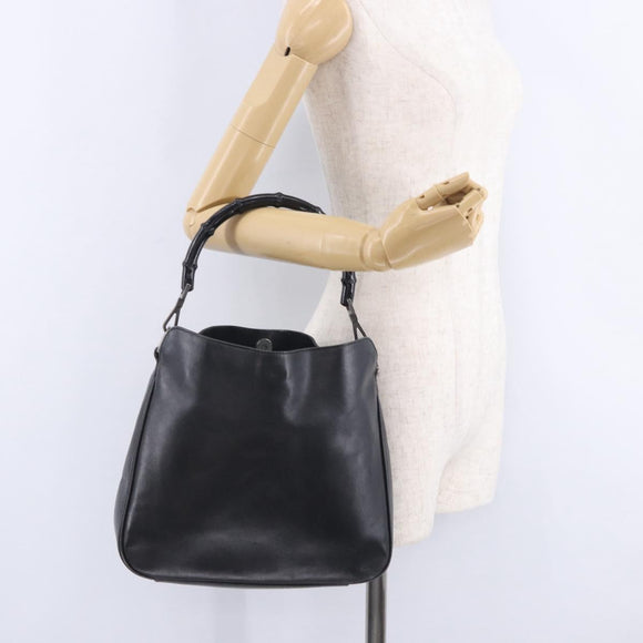 GUCCI Bamboo Hand Bag Leather Black Silver 001 1638 Auth ka6269