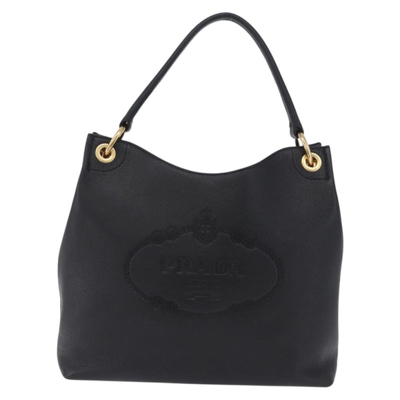 PRADA Shoulder Bag Leather Black Gold Tone Auth ka6289M