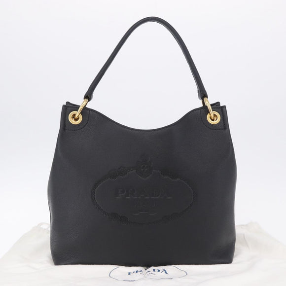 PRADA Shoulder Bag Leather Black Gold Tone Auth ka6289M
