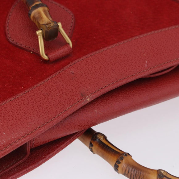 GUCCI Bamboo Hand Bag Suede Red Gold Tone 002 853 0259 Auth ka6291