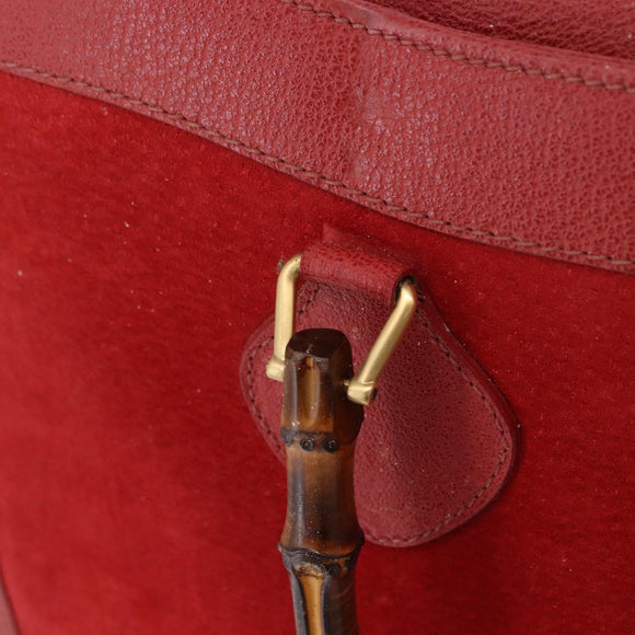 GUCCI Bamboo Hand Bag Suede Red Gold Tone 002 853 0259 Auth ka6291