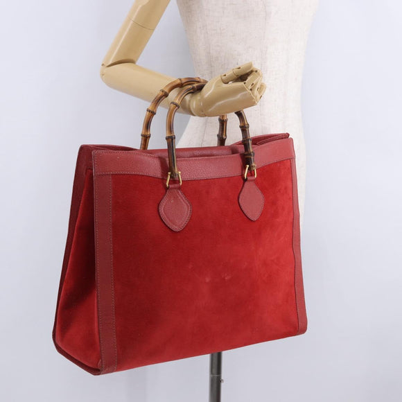 GUCCI Bamboo Hand Bag Suede Red Gold Tone 002 853 0259 Auth ka6291