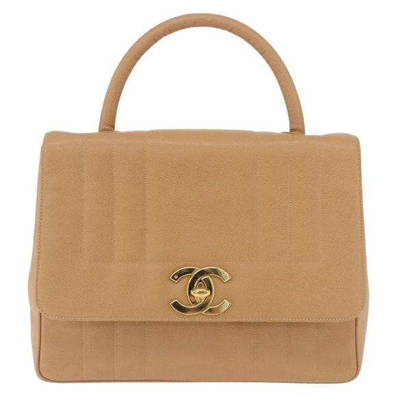CHANEL Mademoiselle Hand Bag Caviar Skin Beige Gold Tone CC Auth ka6295V