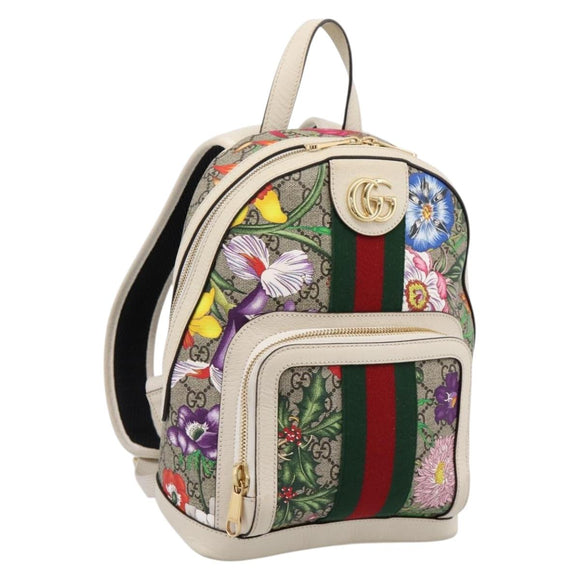 GUCCI Ophdia GG Web Sherry Line Flora Backpack PVC Beige 547965 Auth ka6322V