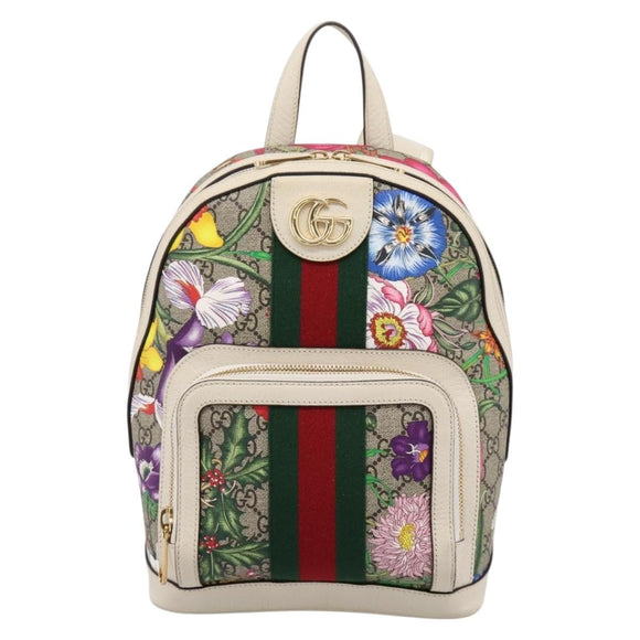 GUCCI Ophdia GG Web Sherry Line Flora Backpack PVC Beige 547965 Auth ka6322V
