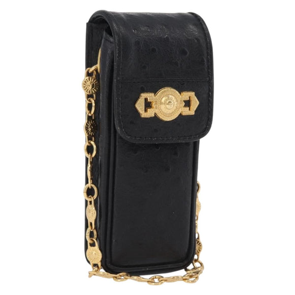 Gianni Versace Cigarette Case Leather Black Gold Auth ka6329