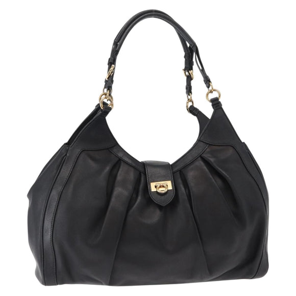 Salvatore Ferragamo Gancini Shoulder Bag Leather Black Gold Auth ka633
