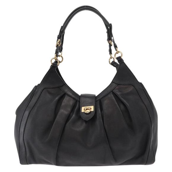 Salvatore Ferragamo Gancini Shoulder Bag Leather Black Gold Auth ka633
