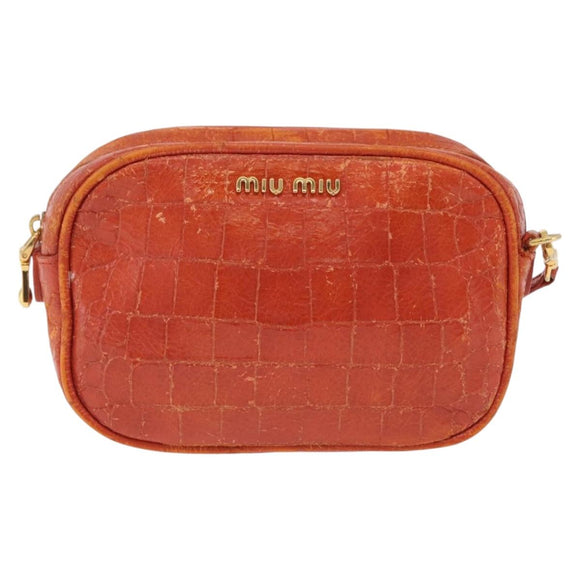 Miu Miu Shoulder Bag Leather Croco Embossed Orange Gold Auth ka6376