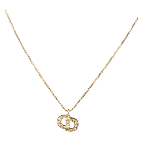 Christian Dior Rhinestone Necklace Metal Gold Tone Auth ka6383