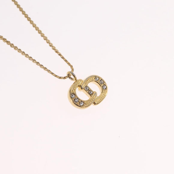 Christian Dior Rhinestone Necklace Metal Gold Tone Auth ka6383