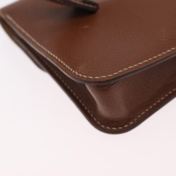 HERMES Pochette Green Leather Brown Auth ka6393