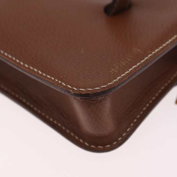 HERMES Pochette Green Leather Brown Auth ka6393