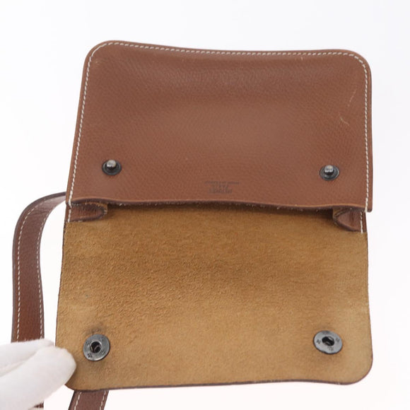 HERMES Pochette Green Leather Brown Auth ka6393