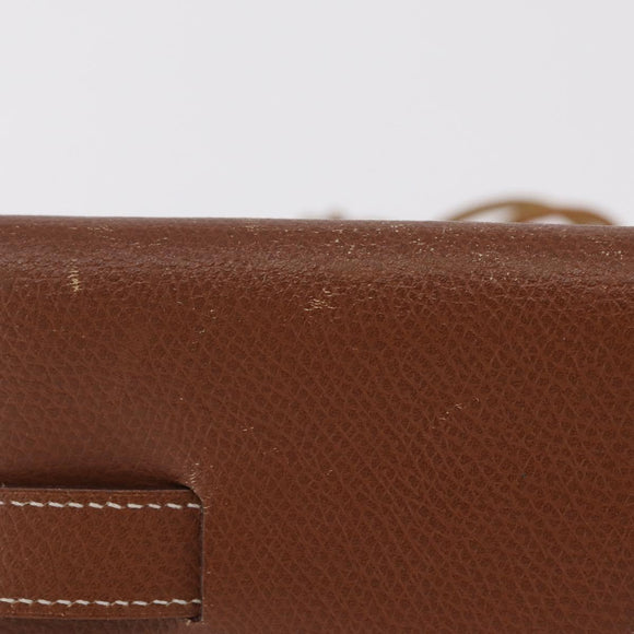 HERMES Pochette Green Leather Brown Auth ka6393