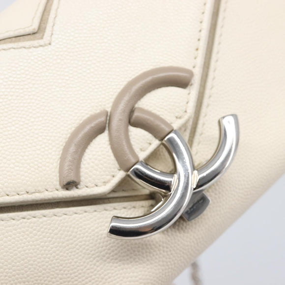 CHANEL Macro Chevron Small Flap Bag Caviar Skin White Silver CC Auth ka6412V