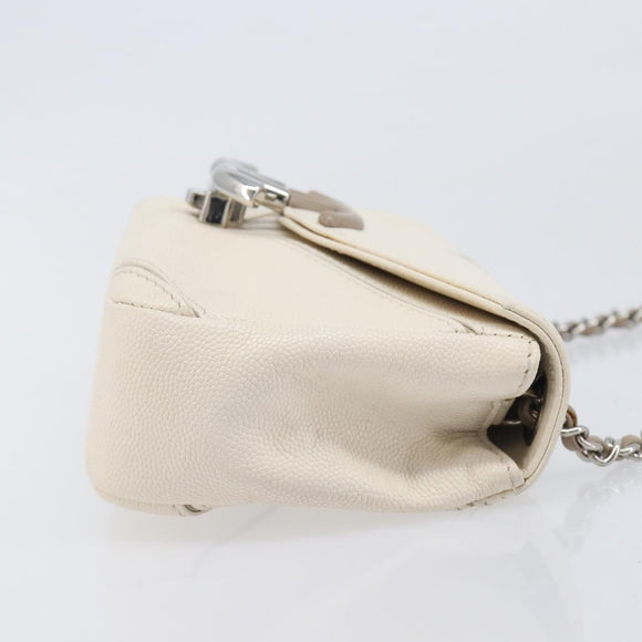 CHANEL Macro Chevron Small Flap Bag Caviar Skin White Silver CC Auth ka6412V