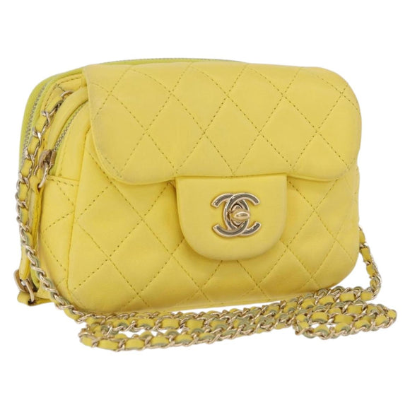 CHANEL Matelasse Chain Shoulder Bag Lamb Skin Yellow Gold CC Auth ka6413M