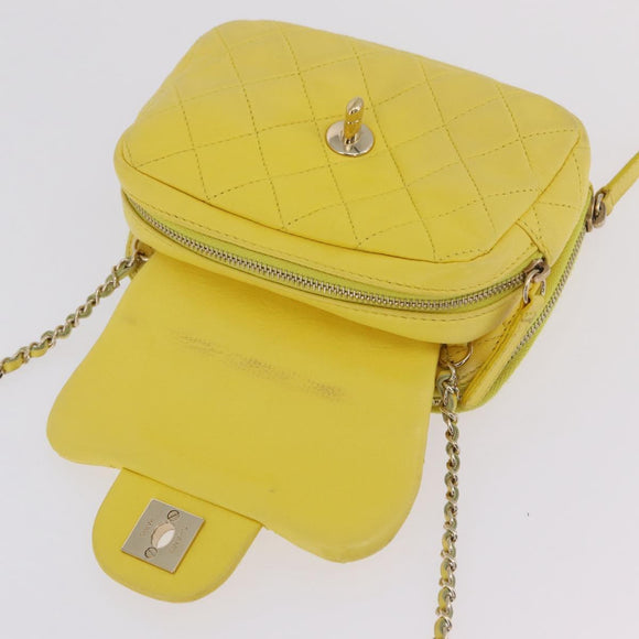 CHANEL Matelasse Chain Shoulder Bag Lamb Skin Yellow Gold CC Auth ka6413M