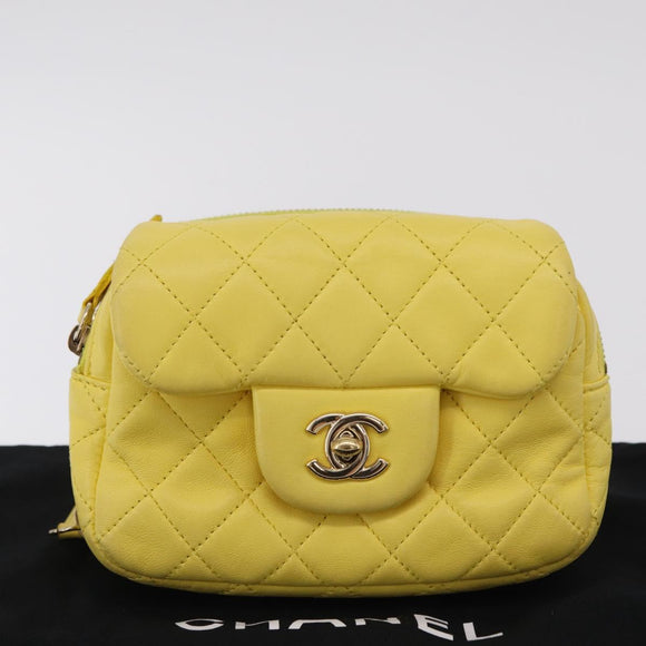CHANEL Matelasse Chain Shoulder Bag Lamb Skin Yellow Gold CC Auth ka6413M