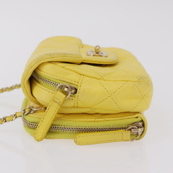 CHANEL Matelasse Chain Shoulder Bag Lamb Skin Yellow Gold CC Auth ka6413M