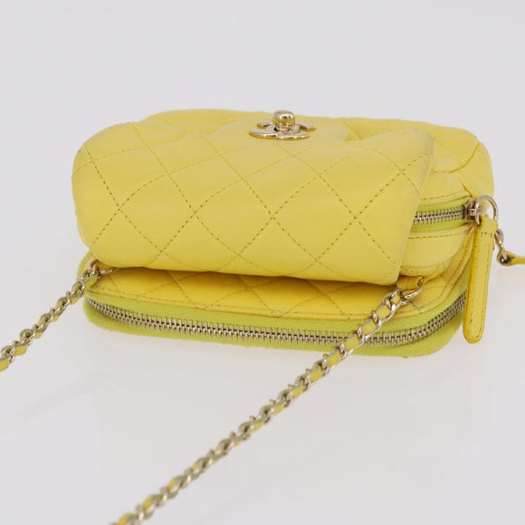 CHANEL Matelasse Chain Shoulder Bag Lamb Skin Yellow Gold CC Auth ka6413M