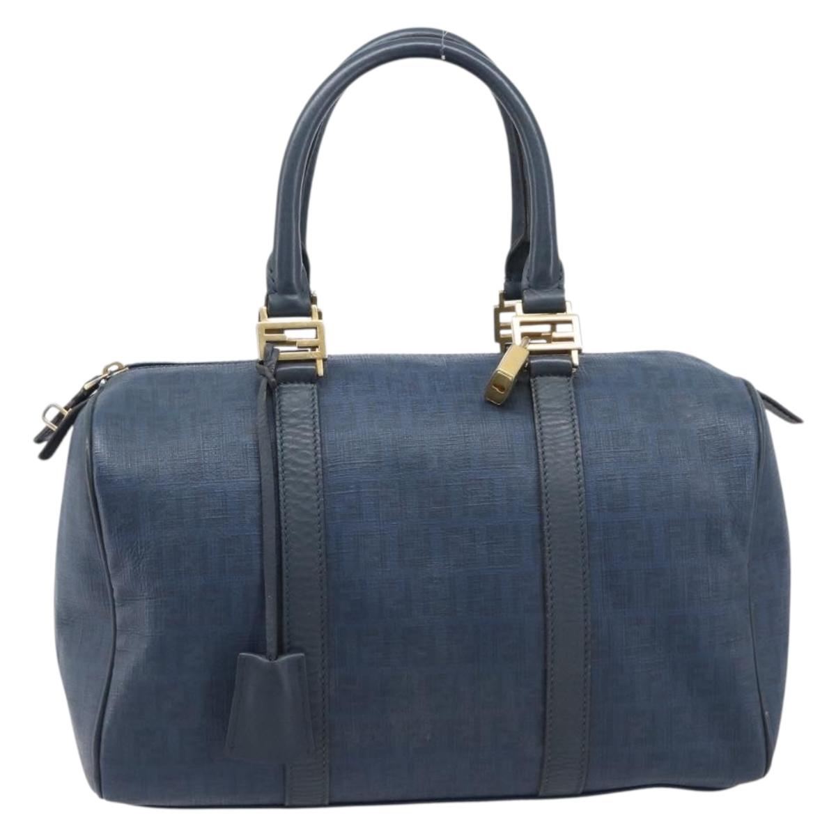 FENDI Zucchino Canvas Hand Bag PVC Navy Gold Auth ka6414 | Brand
