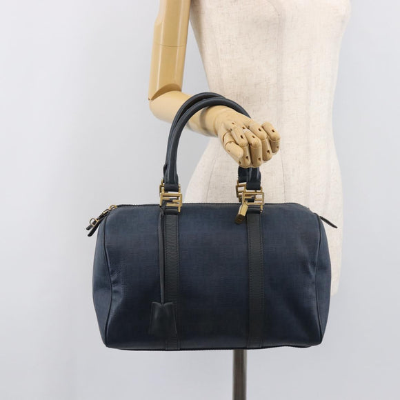 FENDI Zucchino Canvas Hand Bag PVC Navy Gold Auth ka6414