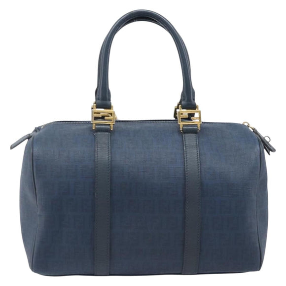 FENDI Zucchino Canvas Hand Bag PVC Navy Gold Auth ka6414