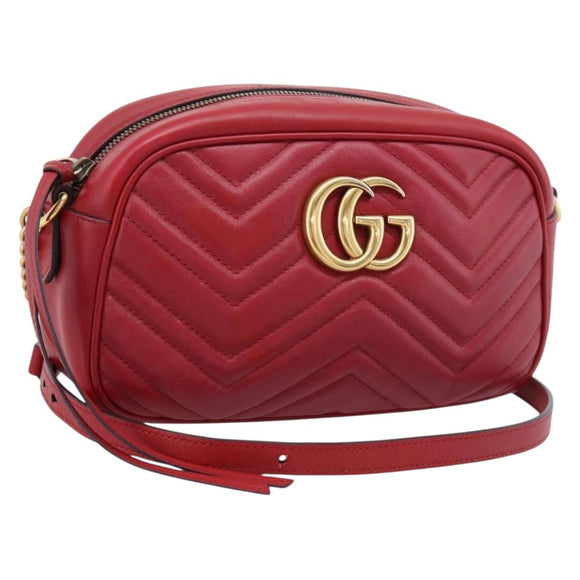 GUCCI GG Marmont Shoulder Bag Leather Red Gold 447632 Auth ka6415