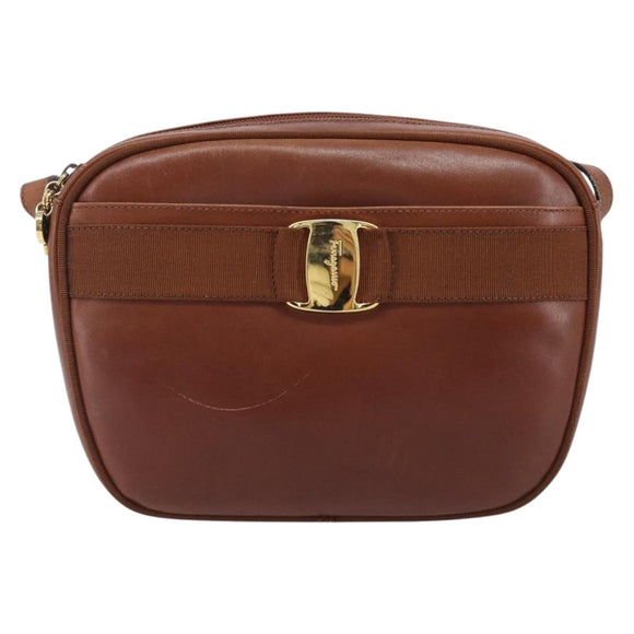 Salvatore Ferragamo Vala Shoulder Bag Leather Gold Brown Auth ka6418