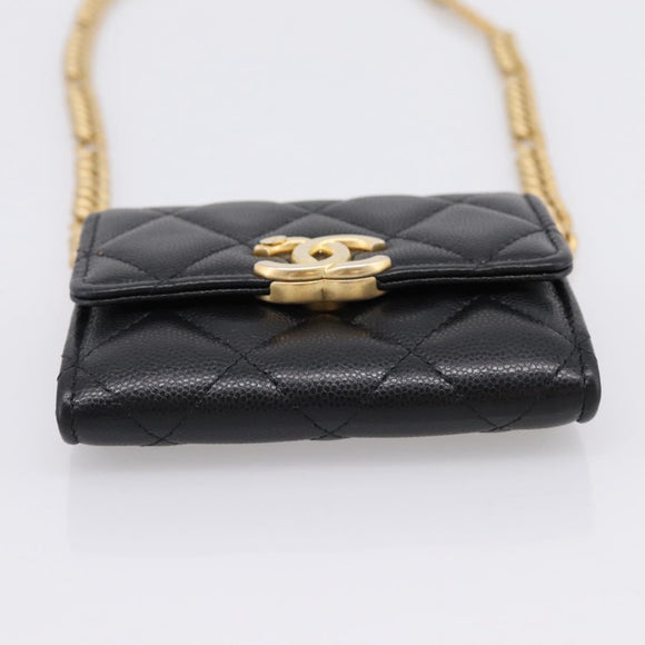 CHANEL Matelasse Chain Shoulder Card Case Caviar Skin Black Gold CC Auth ka6420V