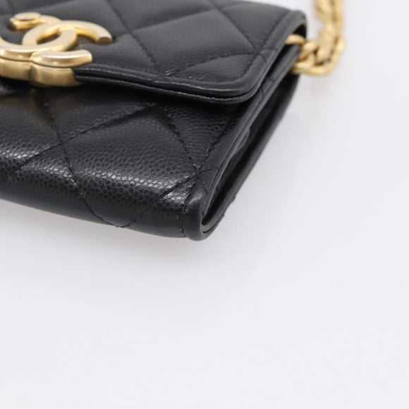 CHANEL Matelasse Chain Shoulder Card Case Caviar Skin Black Gold CC Auth ka6420V