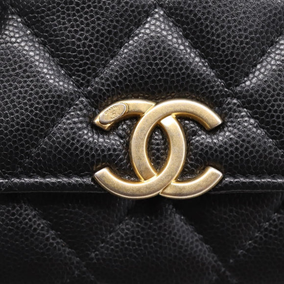 CHANEL Matelasse Chain Shoulder Card Case Caviar Skin Black Gold CC Auth ka6420V