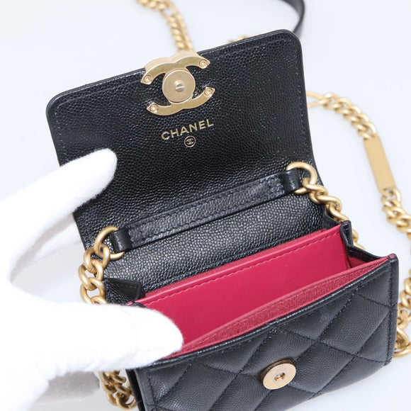 CHANEL Matelasse Chain Shoulder Card Case Caviar Skin Black Gold CC Auth ka6420V