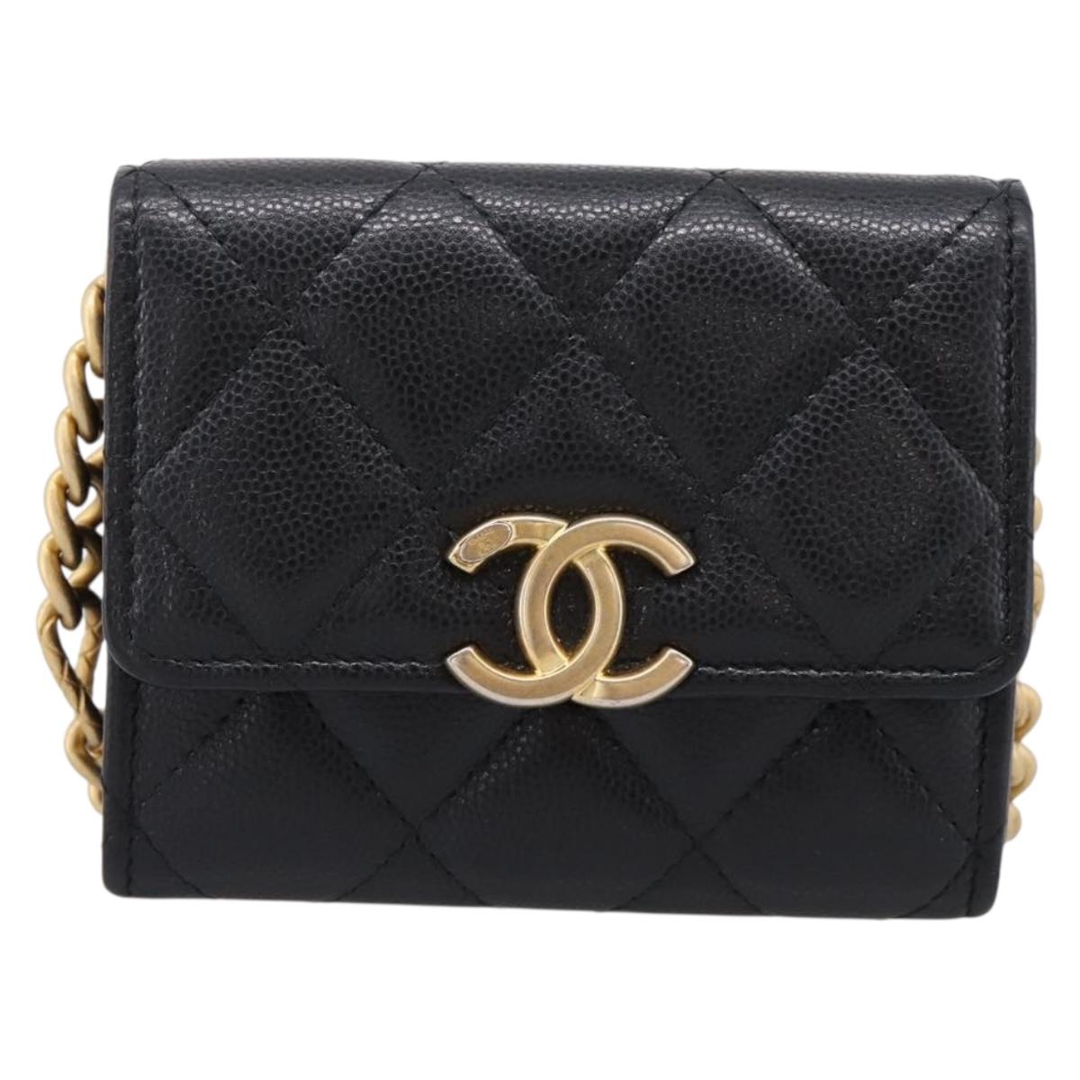 CHANEL Matelasse Chain Shoulder Card Case Caviar Skin Black Gold