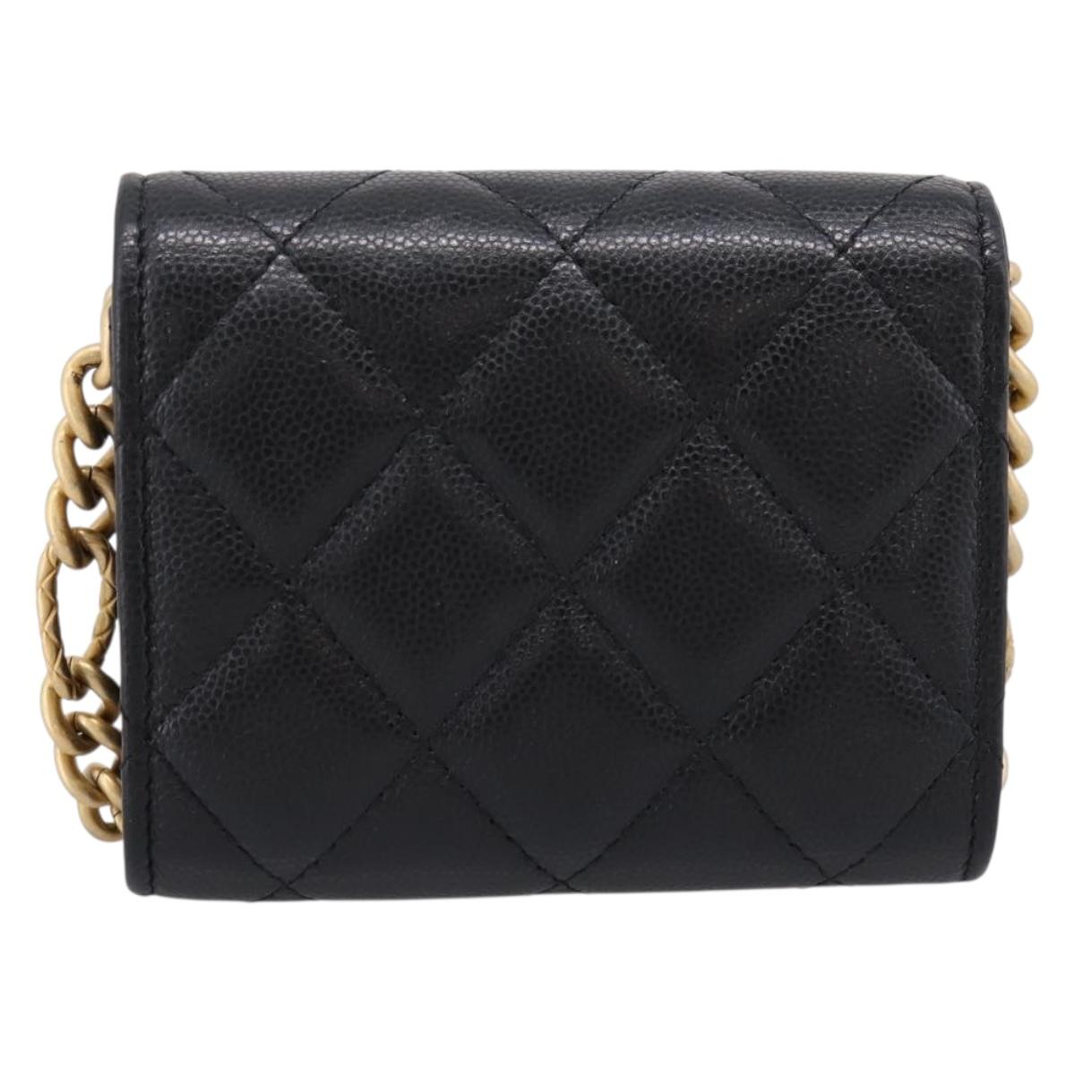 CHANEL Matelasse Chain Shoulder Card Case Caviar Skin Black Gold