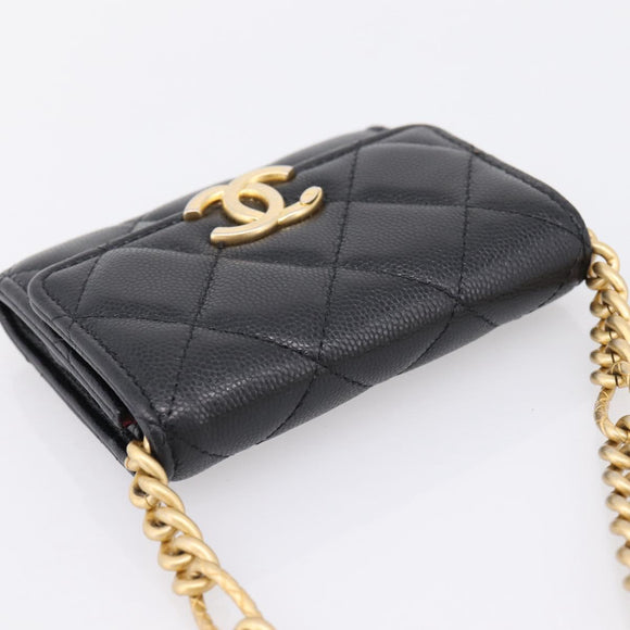 CHANEL Matelasse Chain Shoulder Card Case Caviar Skin Black Gold CC Auth ka6420V