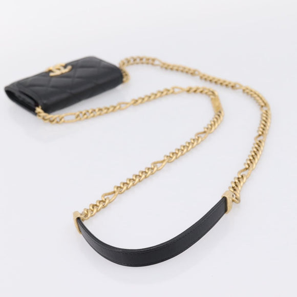 CHANEL Matelasse Chain Shoulder Card Case Caviar Skin Black Gold CC Auth ka6420V