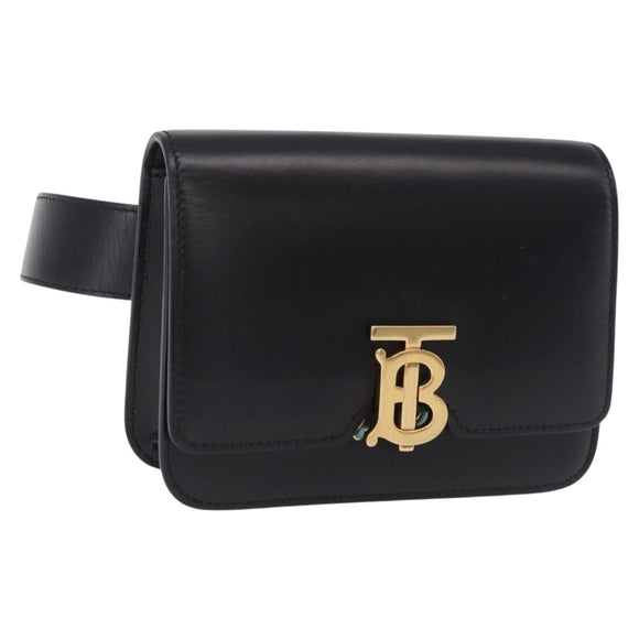 BURBERRY Shoulder Bag Leather Black Gold Tone Auth ka6426V