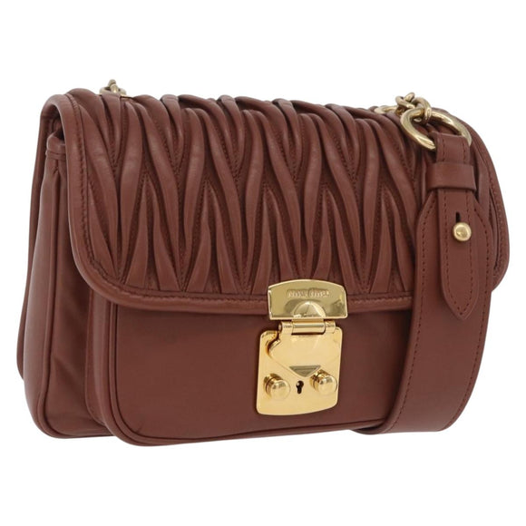 Miu Miu Matelasse Shoulder Bag Leather Brown Gold Tone Auth ka6427M