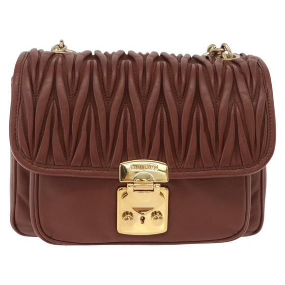 Miu Miu Matelasse Shoulder Bag Leather Brown Gold Tone Auth ka6427M