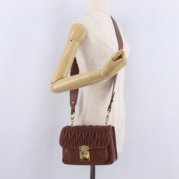 Miu Miu Matelasse Shoulder Bag Leather Brown Gold Tone Auth ka6427M
