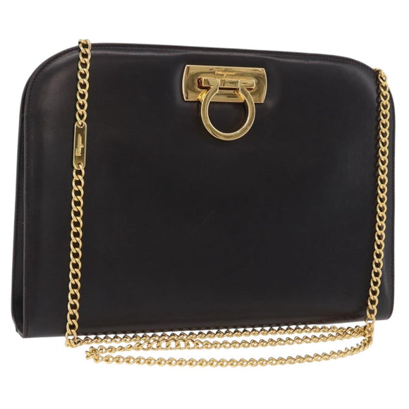 Salvatore Ferragamo Gancini Chain Shoulder Bag Leather Brown Gold Auth ka6429A