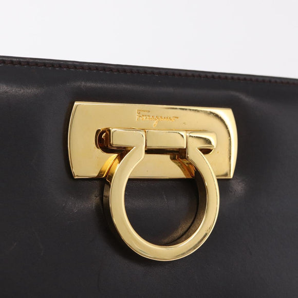 Salvatore Ferragamo Gancini Chain Shoulder Bag Leather Brown Gold Auth ka6429A
