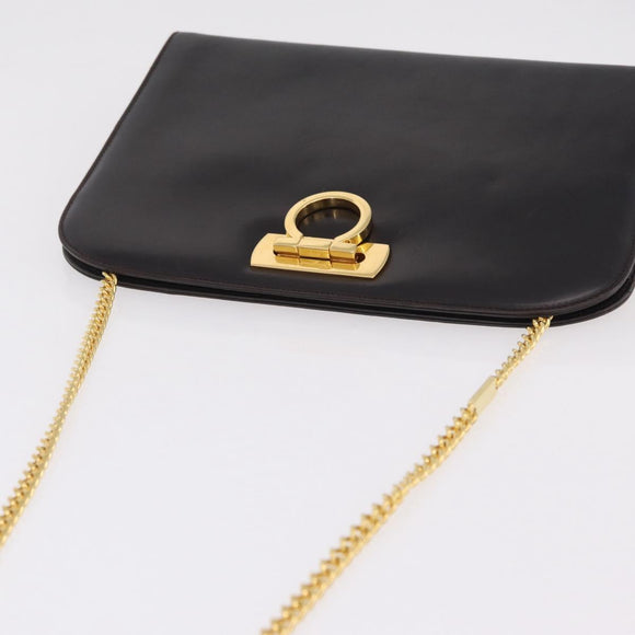 Salvatore Ferragamo Gancini Chain Shoulder Bag Leather Brown Gold Auth ka6429A