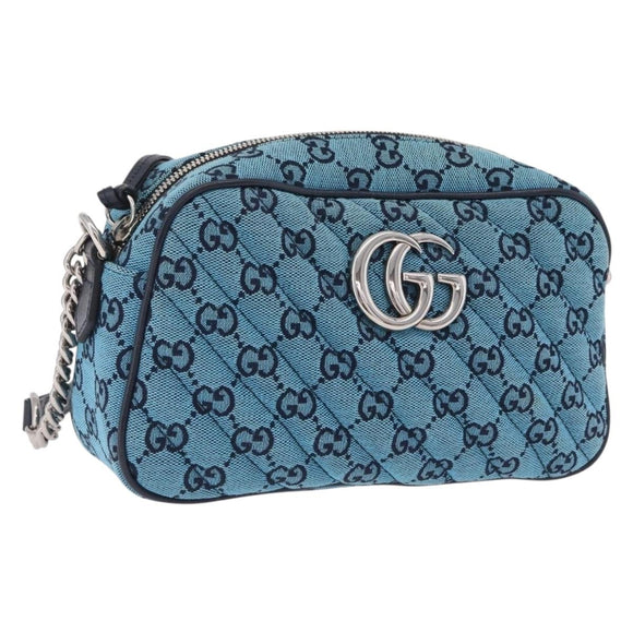 GUCCI GG Marmont GG Canvas Chain Shoulder Bag Blue Silver 447632 Auth ka6443V