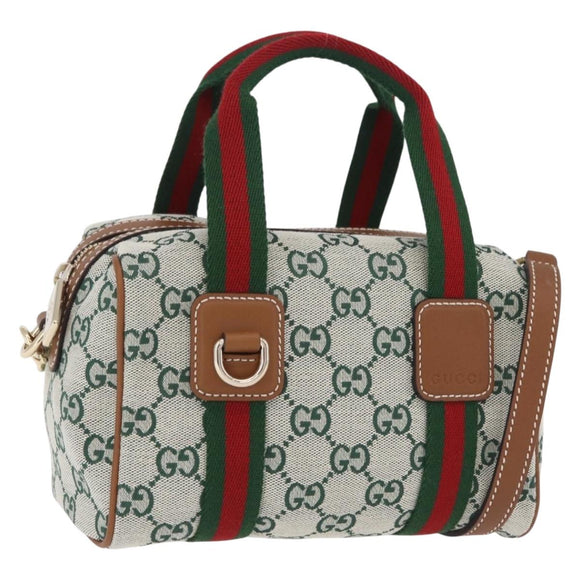 GUCCI GG Canvas Web Sherry Line Hand Bag 2way Green Gold 856055 Auth ka6448M