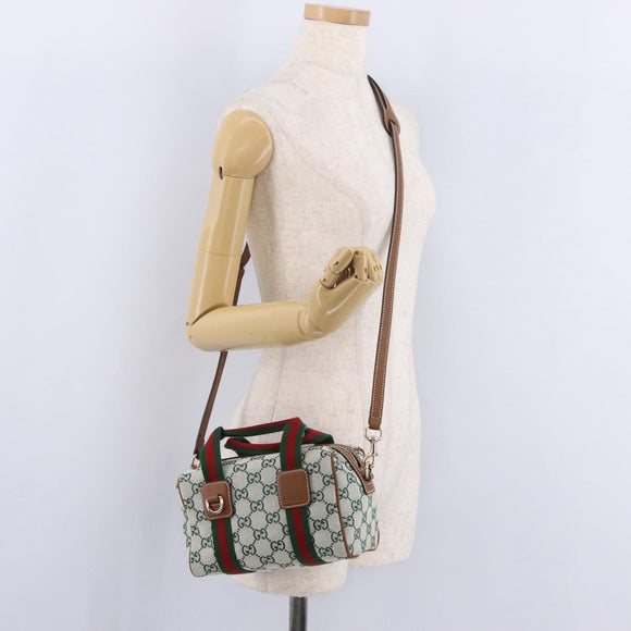 GUCCI GG Canvas Web Sherry Line Hand Bag 2way Green Gold 856055 Auth ka6448M