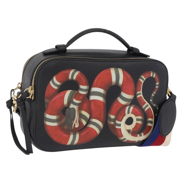 GUCCI Snake Shoulder Bag Leather Black Gold Tone 453565 Auth ka6449V